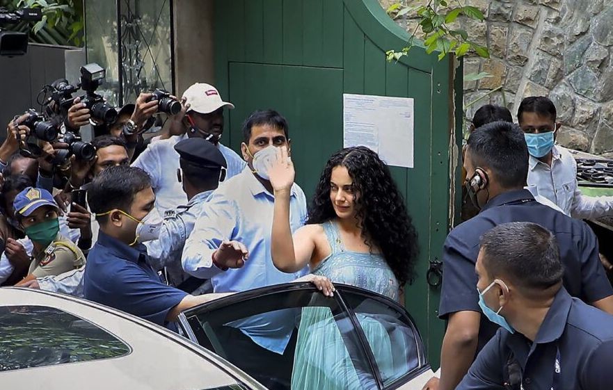 Mumbai: Bollywood actor Kangana Ranaut waves as she arrives at her office, where the Brihanmumbai Municipal Corporation conducted a demolition drive, at Pali Hill in Mumbai, Thursday, Sept. 10, 2020. (PTI Photo)